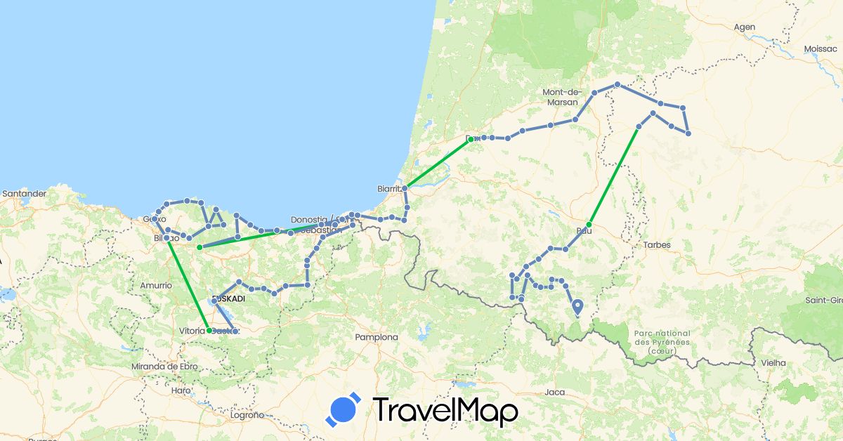TravelMap itinerary: driving, bus, cycling in Spain, France (Europe)